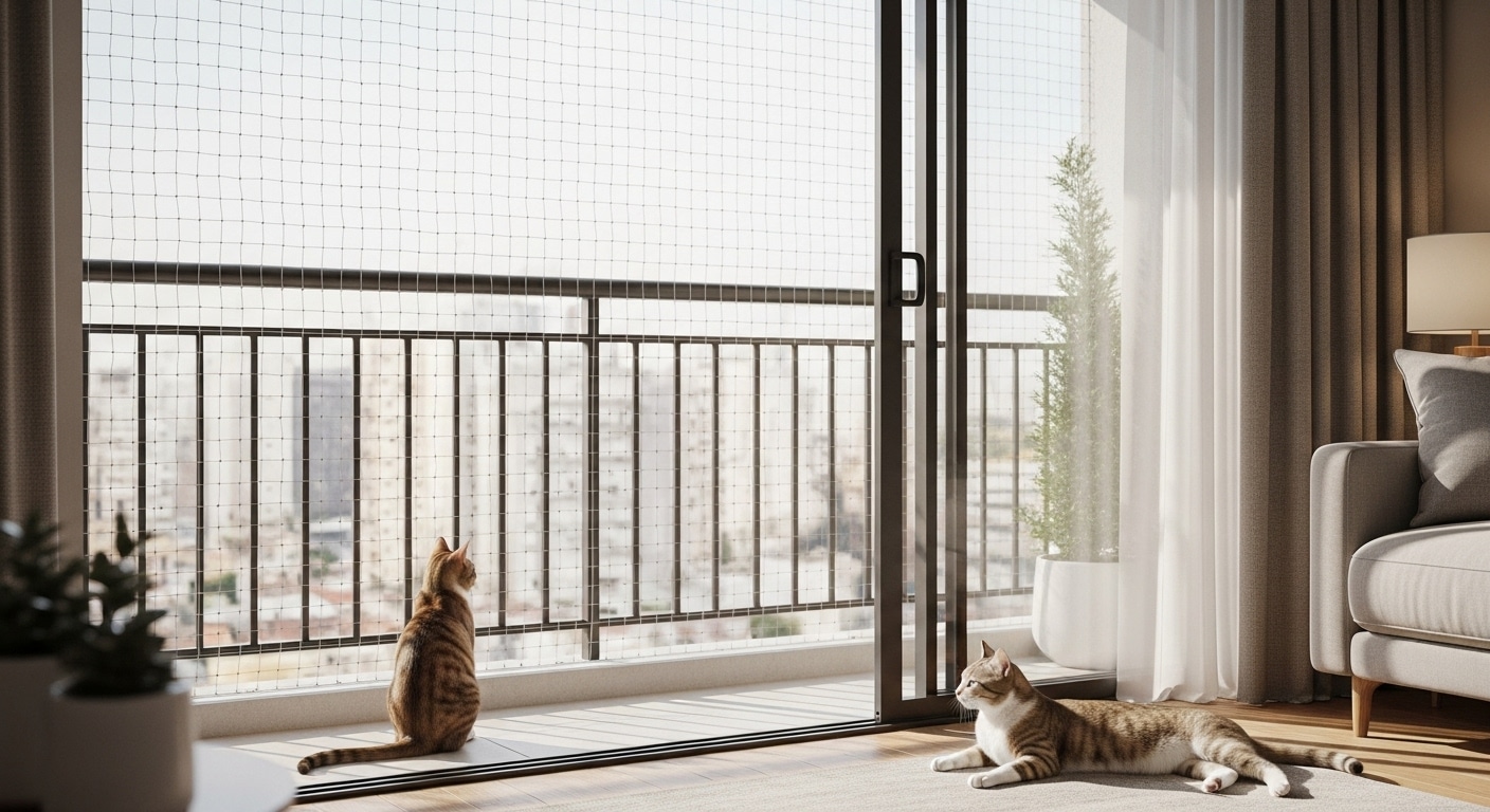Dois gatos observando a cidade pela varanda de um apartamento com rede de proteção em dia ensolarado.