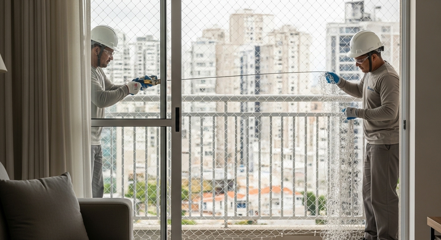 Instalação de rede de proteção em varanda de apartamento urbano, feita por dois profissionais com capacetes e luvas.